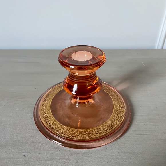VINTAGE Gorgeous Depression Era Sandwich Glass Candle Holder Gold Paint Accent - Picture 2 of 9